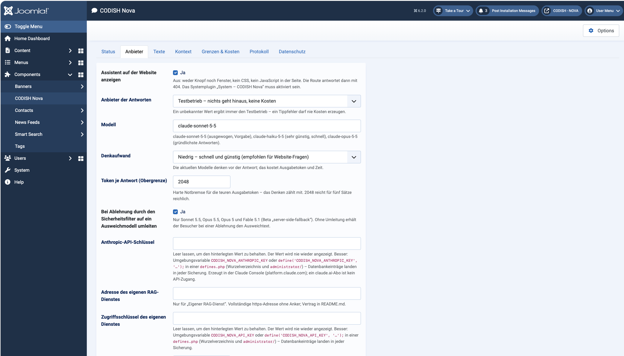 Nova-Einstellungen in der Joomla-Verwaltung, Reiter „Anbieter“: Anbieter, Modell, Denkaufwand und Zugangsdaten