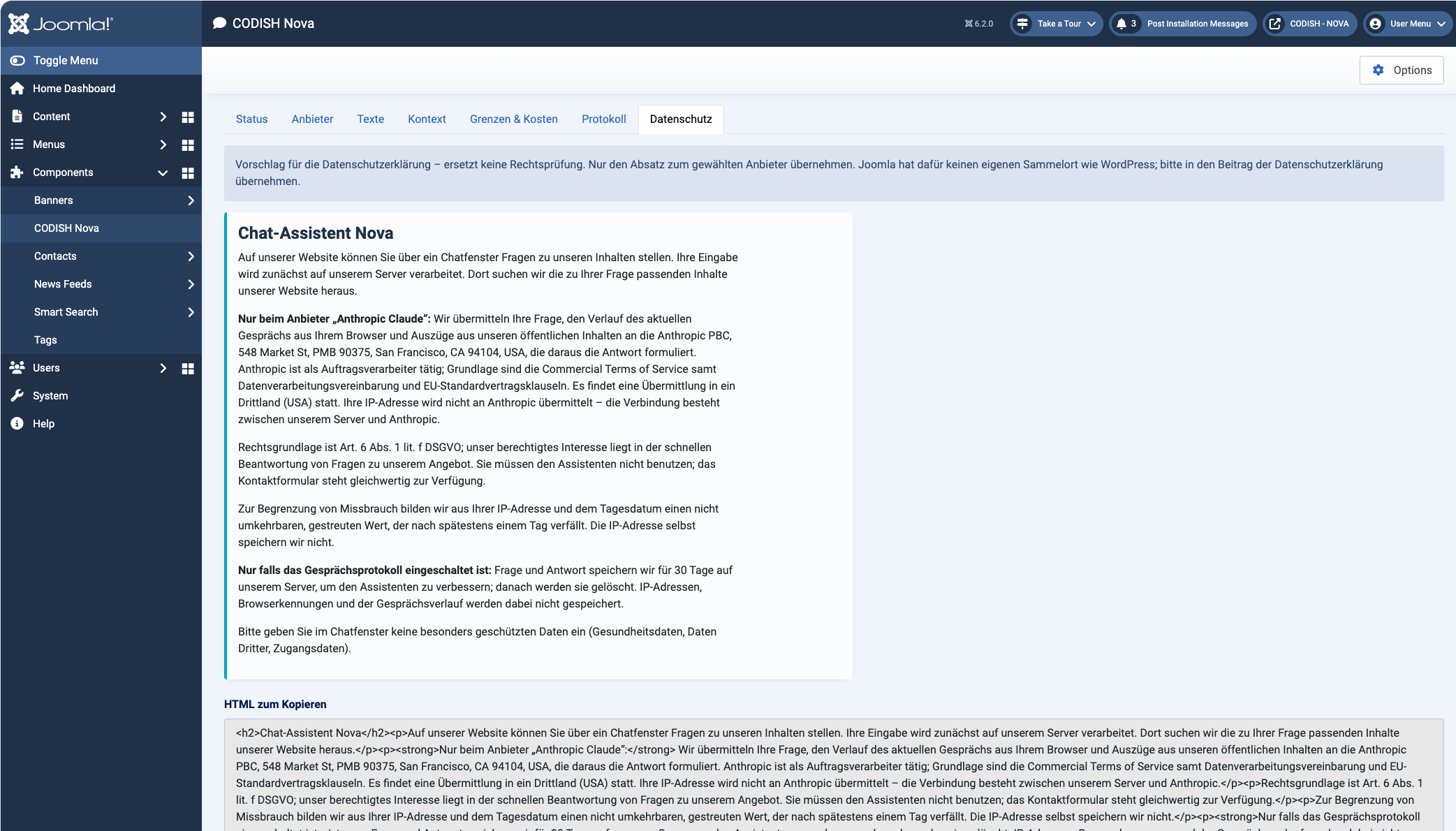 Nova-Einstellungen in der Joomla-Verwaltung, Reiter „Datenschutz“: Textvorschlag für die Datenschutzerklärung