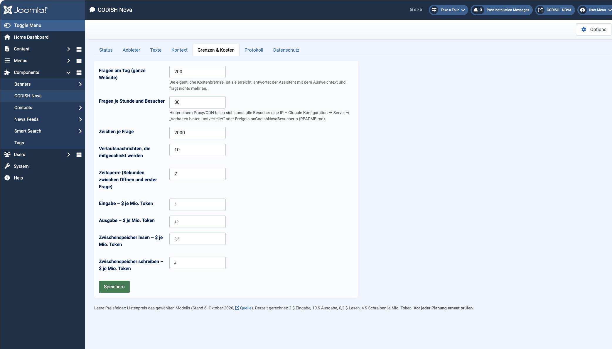 Nova-Einstellungen in der Joomla-Verwaltung, Reiter „Grenzen & Kosten“: Fragen je Tag und Besucher, Zeichenlimit und Preise