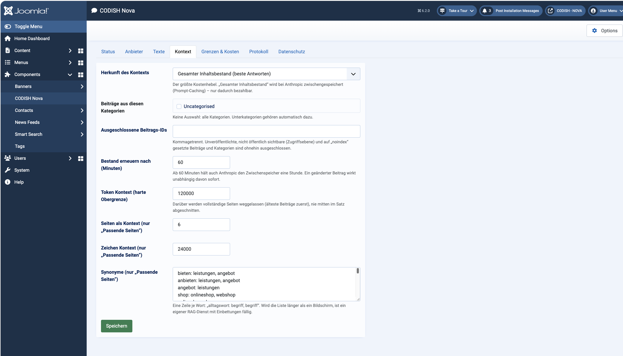 Nova-Einstellungen in der Joomla-Verwaltung, Reiter „Kontext“: Herkunft des Kontexts, Kategorien und Synonyme