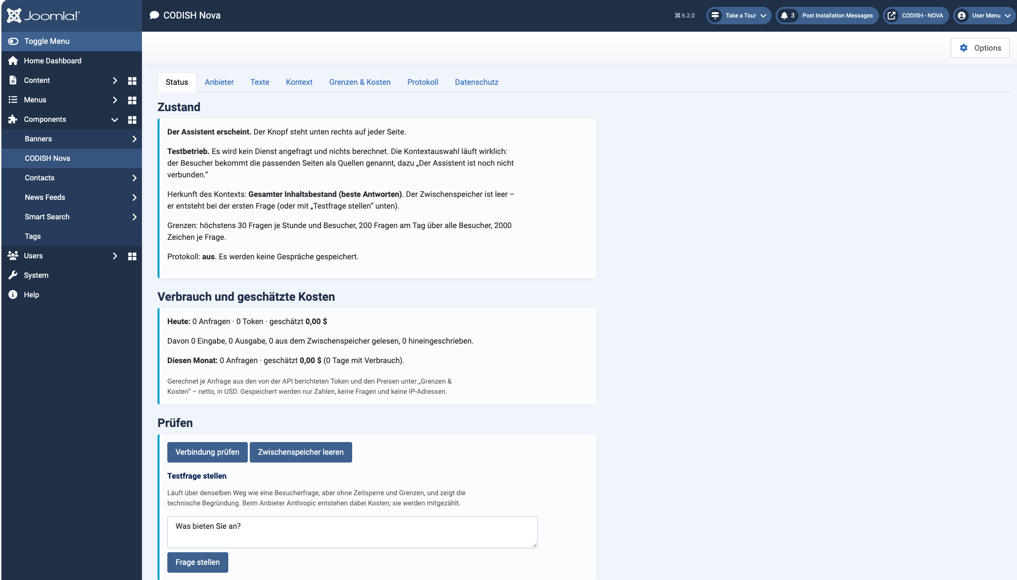 Nova-Einstellungen in der Joomla-Verwaltung, Reiter „Status“: Zustand des Assistenten, Verbrauch und geschätzte Kosten, Testfrage
