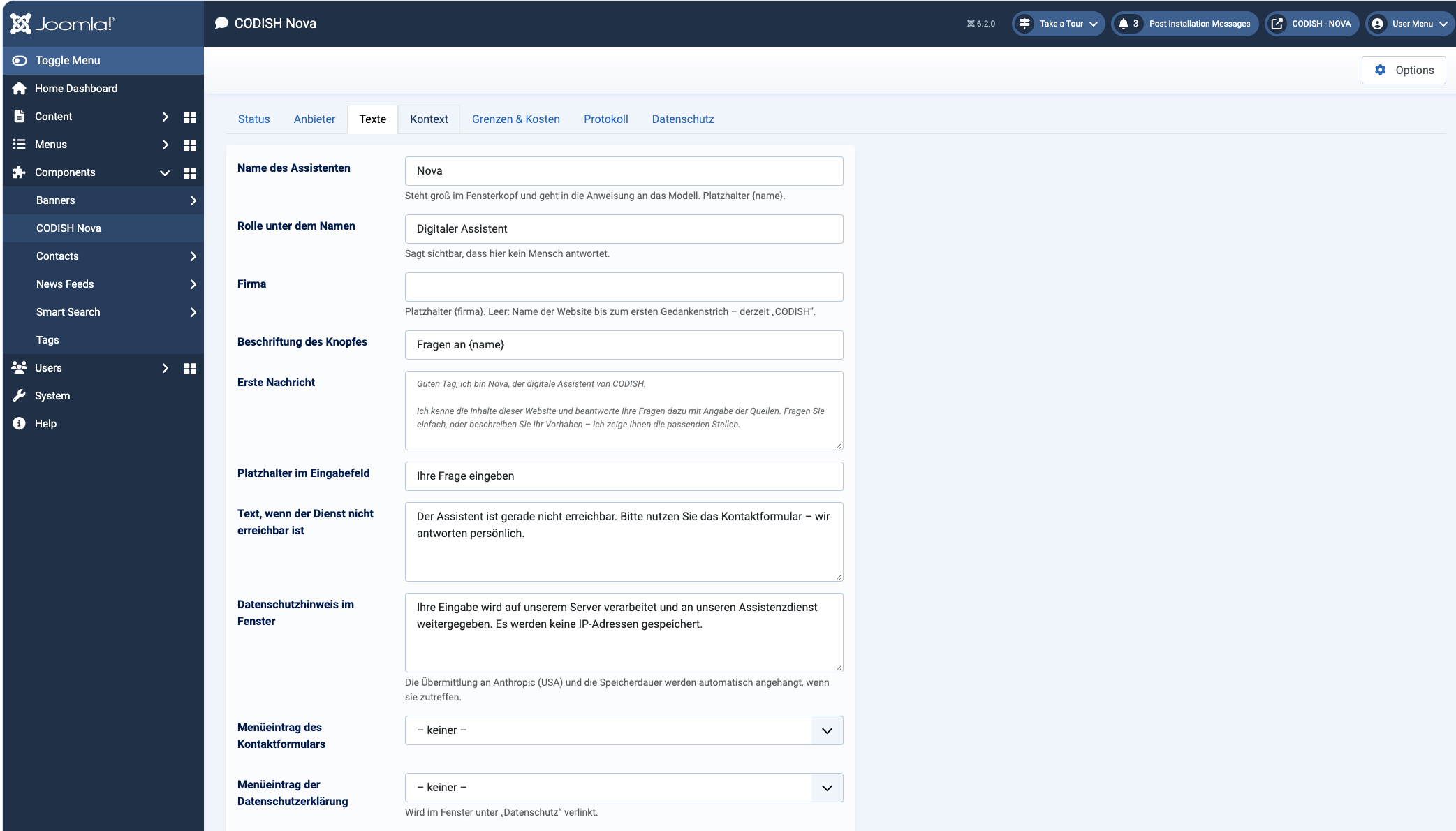 Nova-Einstellungen in der Joomla-Verwaltung, Reiter „Texte“: Beschriftungen und Texte des Chatfensters
