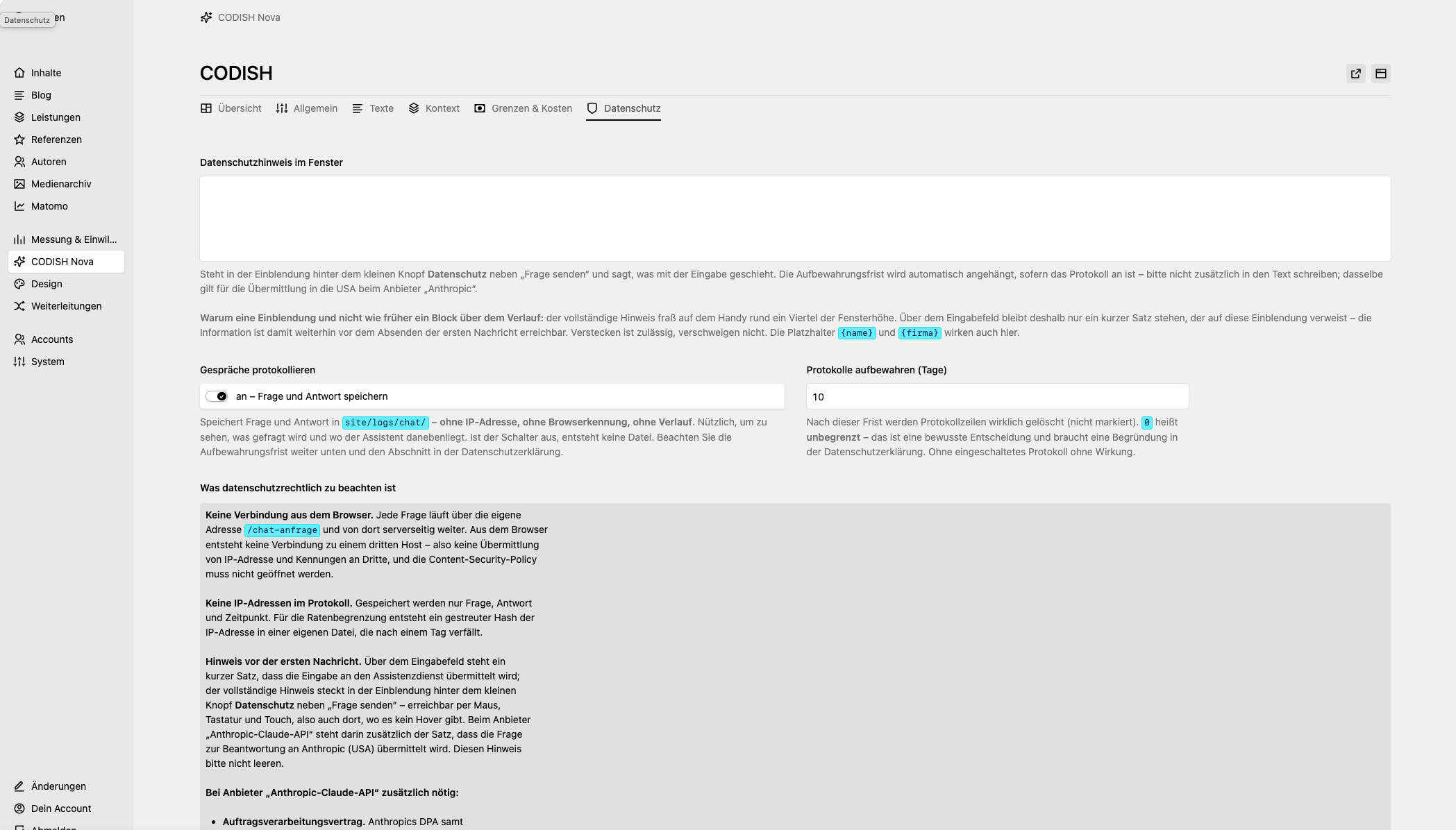 Nova-Einstellungen im Kirby-Panel, Reiter „Datenschutz“: Datenschutzhinweise und Protokoll