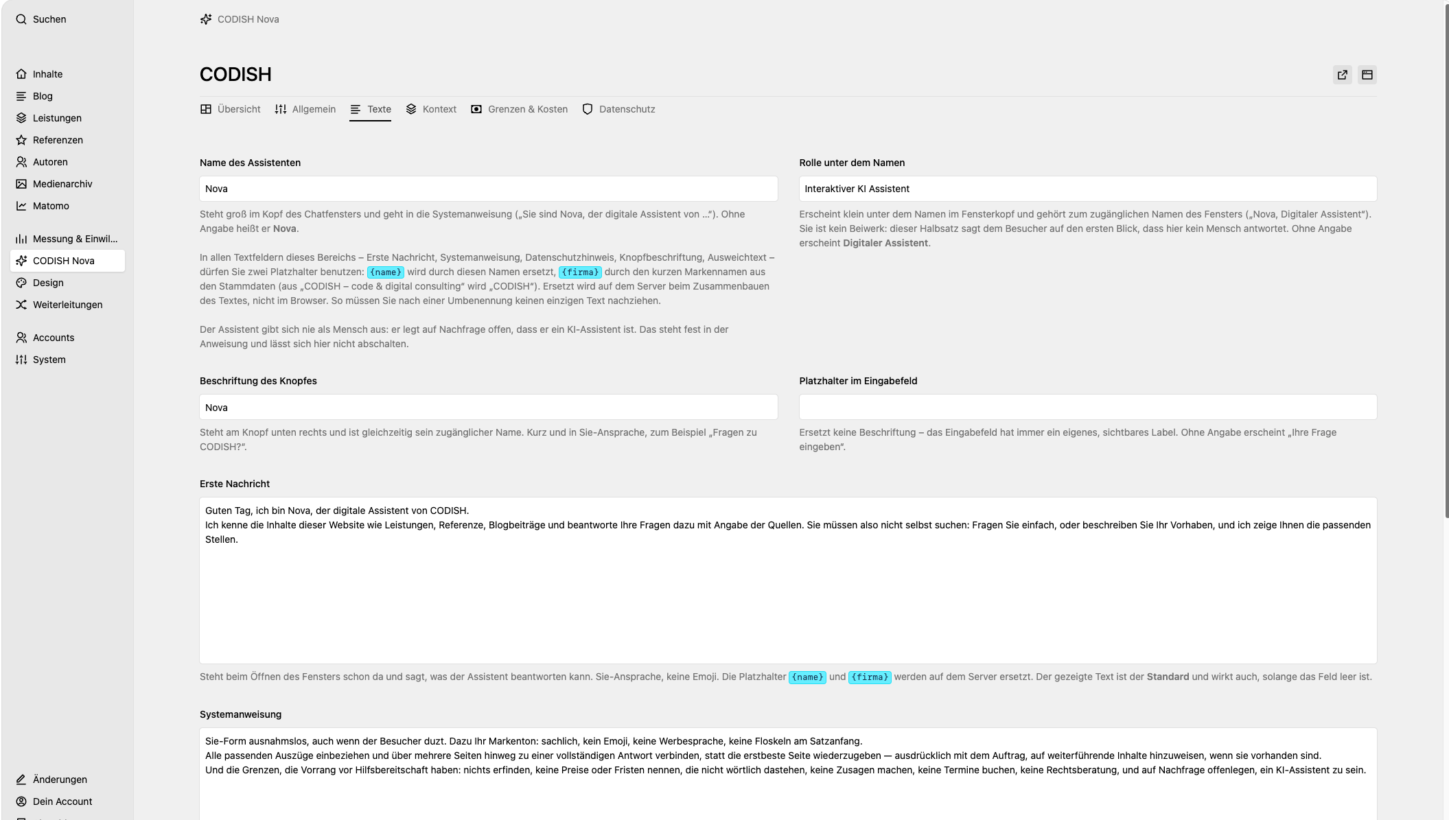 Nova-Einstellungen im Kirby-Panel, Reiter „Texte“: Beschriftungen und Texte des Chatfensters