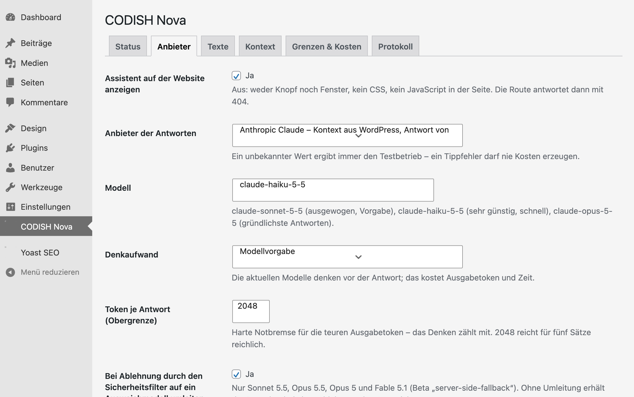 Nova-Einstellungen im WordPress-Dashboard, Reiter „Anbieter“: Anbieter, Modell, Denkaufwand und Token-Obergrenze