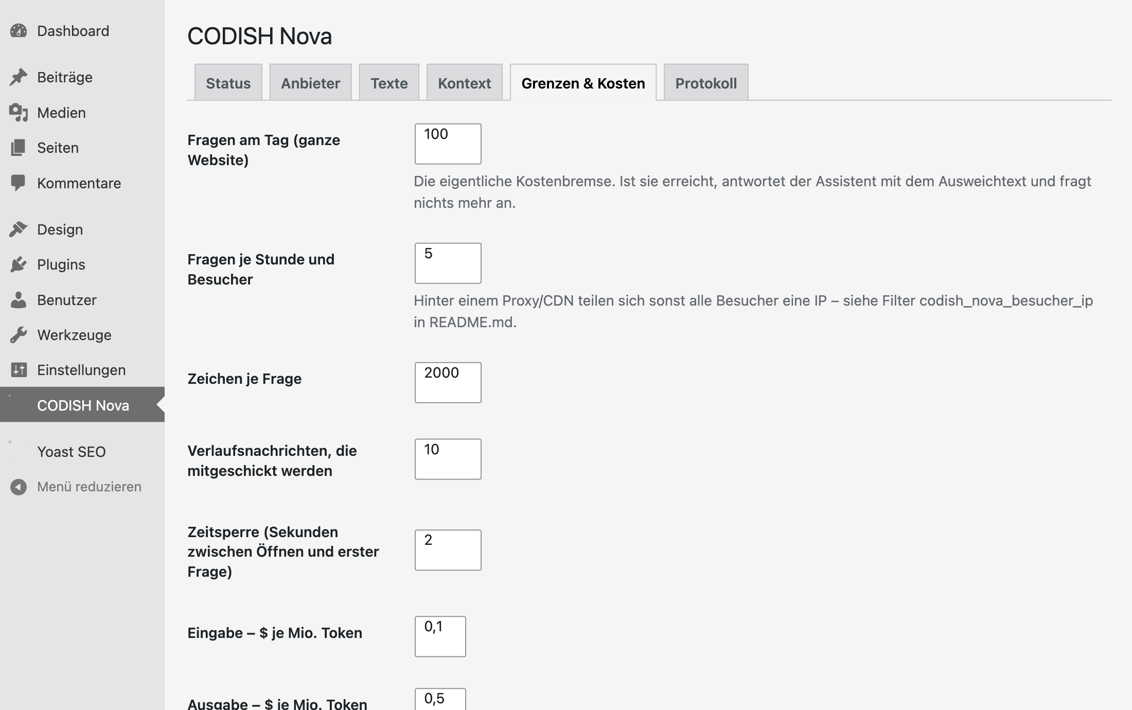 Nova-Einstellungen im WordPress-Dashboard, Reiter „Grenzen & Kosten“: Fragen je Tag und Besucher, Zeichenlimit und Preise