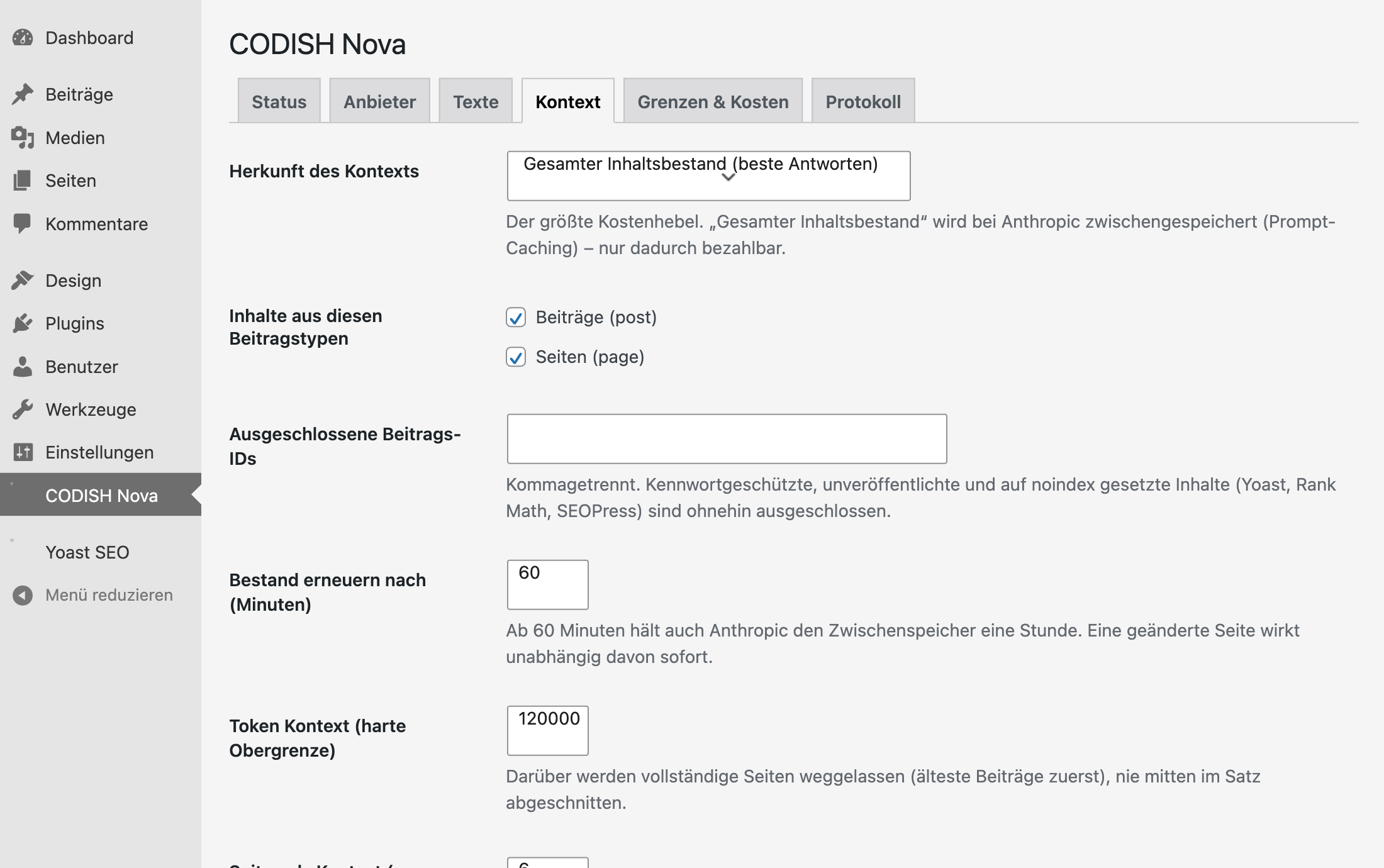 Nova-Einstellungen im WordPress-Dashboard, Reiter „Kontext“: Herkunft des Kontexts, Beitragstypen und ausgeschlossene Seiten