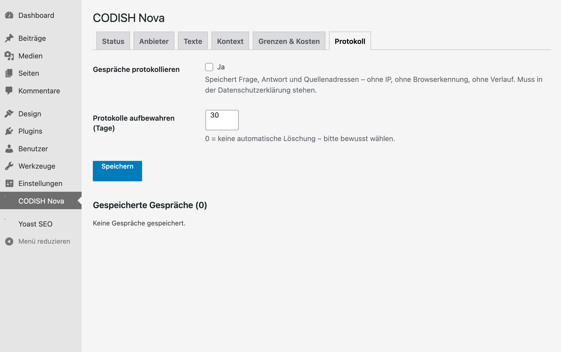 Nova-Einstellungen im WordPress-Dashboard, Reiter „Protokoll“: Gespräche protokollieren und Aufbewahrungsdauer