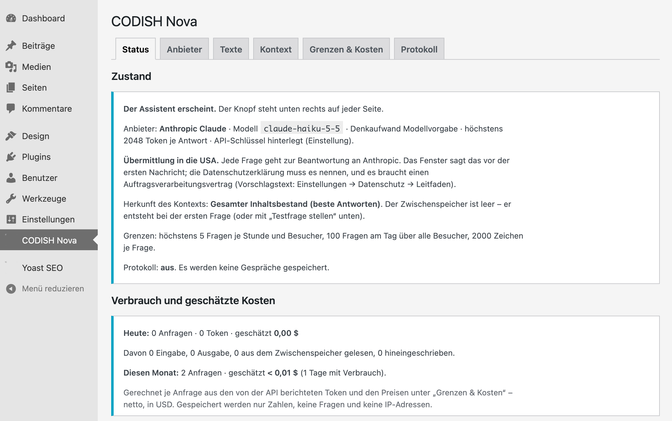 Nova-Einstellungen im WordPress-Dashboard, Reiter „Status“: Zustand des Assistenten, Verbrauch und geschätzte Kosten