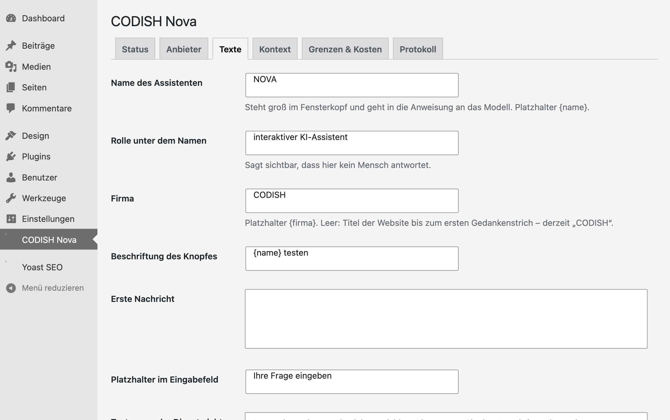 Nova-Einstellungen im WordPress-Dashboard, Reiter „Texte“: Beschriftungen und Texte des Chatfensters